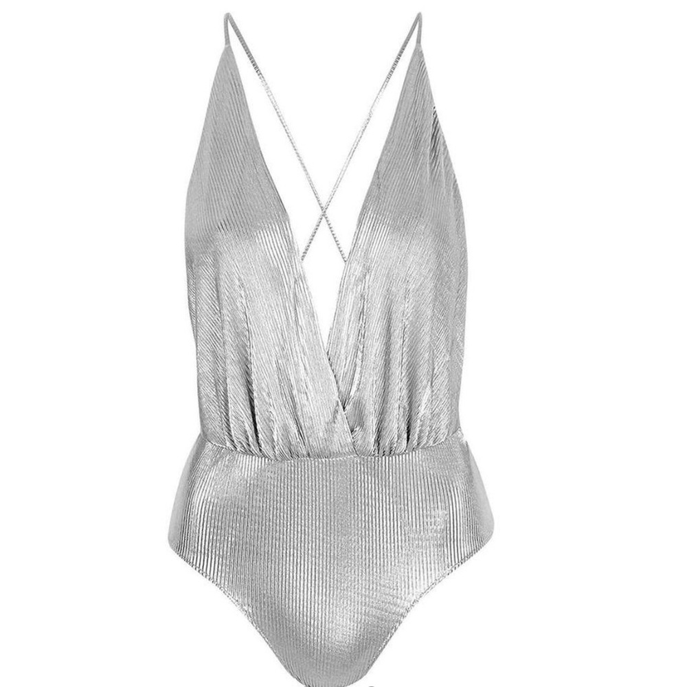 Silver metallic ribbed bodysuit